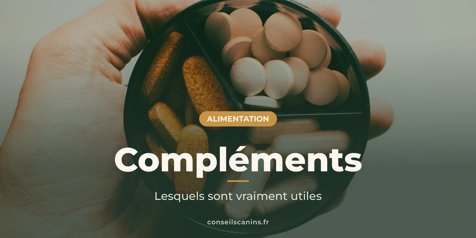 Main tenant une boîte de gélules et de comprimés, sous le titre « Compléments »