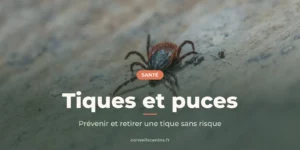 Tique en gros plan sur une surface claire, sous le titre « Tiques et puces »